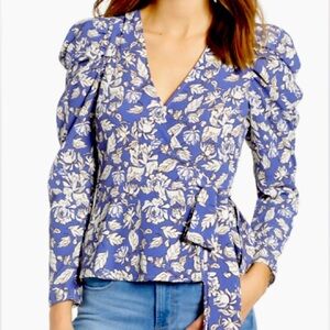 ASTR Floral Wrap Style Peplum Blue and White Blouse Top